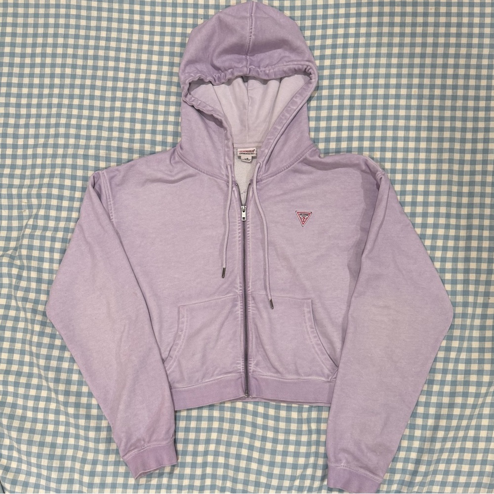 GUESS Vintage-Wash Lilac Zip Hoodie | Logo Back